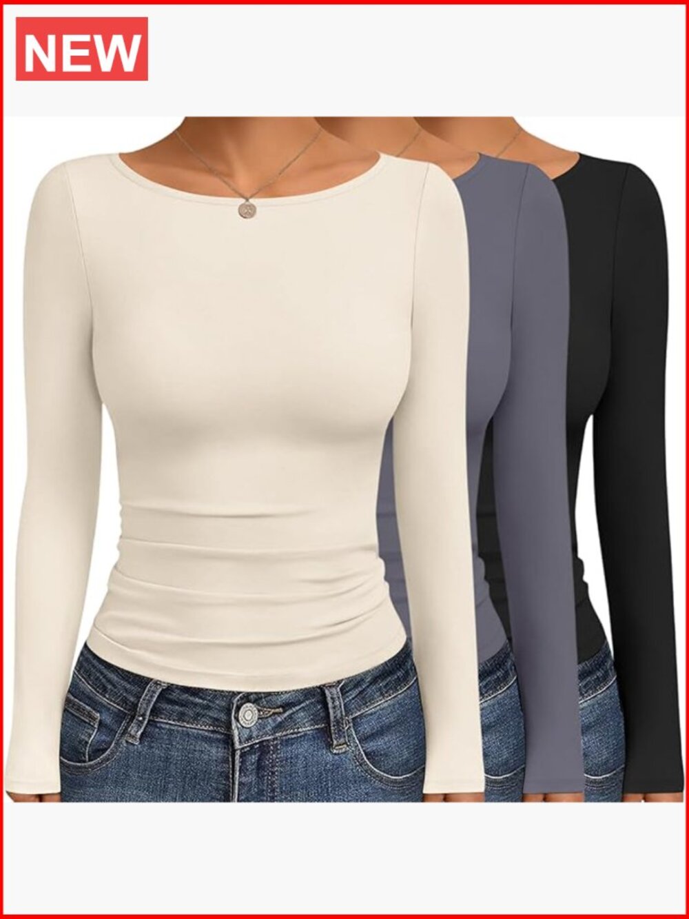 Long Sleeve Thermal T-Shirts 3 Pack Boat Neck Tops Ruched Side Shirring